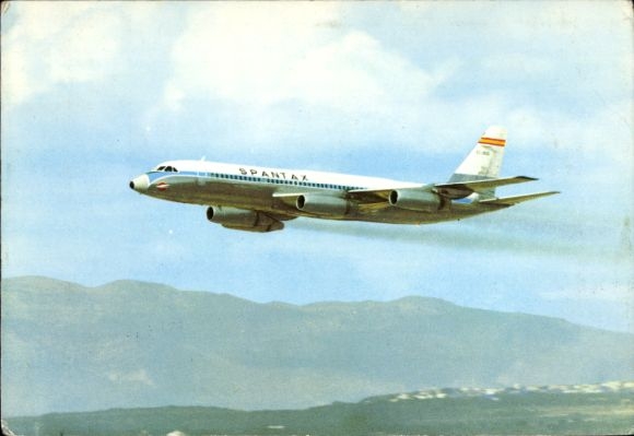 Postcard Spanish passenger aircraft of Spantax, Convair CV 990 A Coronado