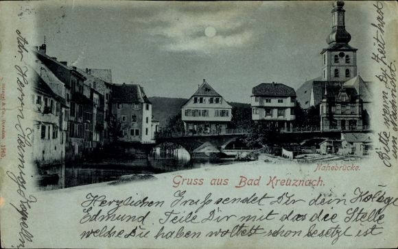 Mondschein Ak Bad Kreuznach in Rheinland Pfalz, Nahebrücke