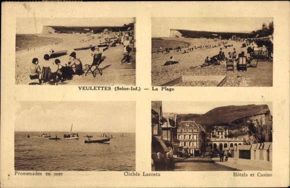 Postcard Veulettes sur Mer Seine Maritime, beach, promenade, clichés Lacosta, hotels, casino