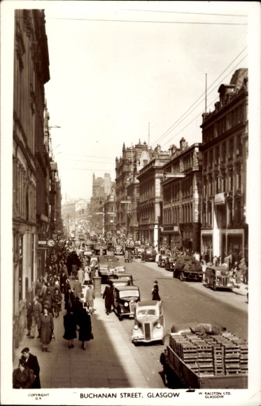 Postcard Glasgow Scotland, Buchanan Street, street scene, many pedestrians, vehicles