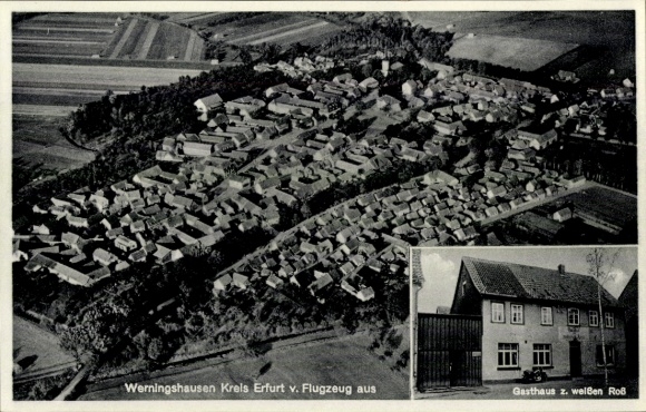 Postcard Werningshausen in Thuringia, aerial photograph, Gasthaus z, white horse