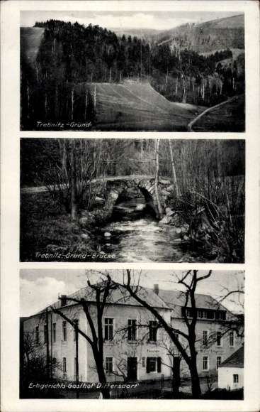Postcard Dittersdorf Glashütte in the Erzgebirge, Three pictures of landscape, bridge, inn Dittersdorf