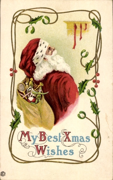Postcard Congratulations Christmas, Santa Claus with gift sack, mistletoe, holly branches