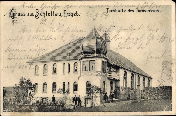 Ak Schlettau in het Ertsgebergte, gymzaal van de gymnastiekvereniging