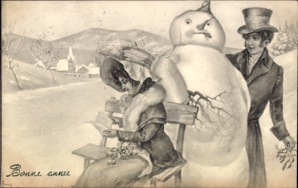 Ak Glückwunsch Neujahr, Liebespaar, Schneemann, Mistelzweige