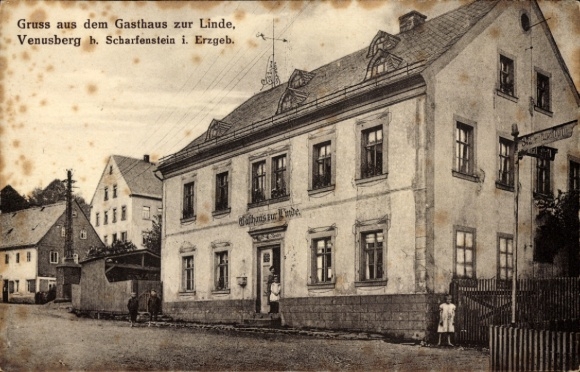 Postcard Venusberg Drebach in the Ore Mountains, Gasthaus zur Linde, historical architecture, rural surroundings...