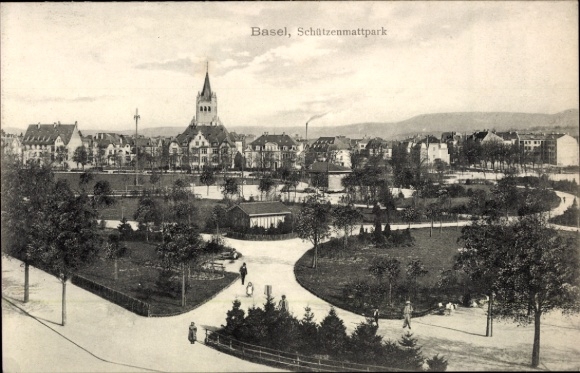 KP Basel City Szwajcaria, Schützenmattpark, park krajobrazowy, drzewa, ludzie