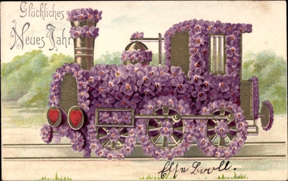 Embossed Chromo-Litho Congratulations New Year, steam locomotive, violets