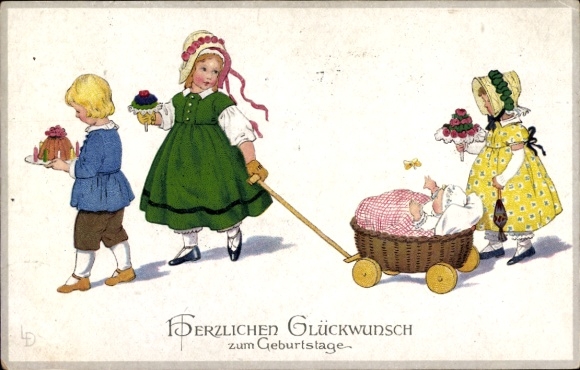 Artist Postcard Döring, Lia, Happy Birthday, Children with flowers and cake, butterfly