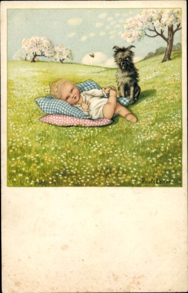 Artist Postcard Ebner, Pauli, A faithful guardian, dog, child on flower meadow, bee