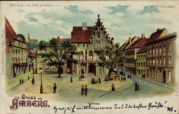 Stop tegen het licht litho Amberg in Opper-Palts Beieren, stadhuis