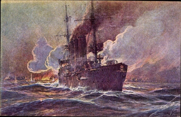Artist Postcard Stöwer, Willy, SMS Emden bombards Madras, cruiser, Imperial Navy, I. WK