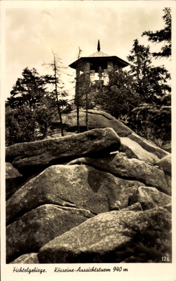 Ak Fichtelgebirge Oberfranken Bayern, Asenturm auf dem Ochsenkopf, Kösseine Aussichtsturm, Felsen