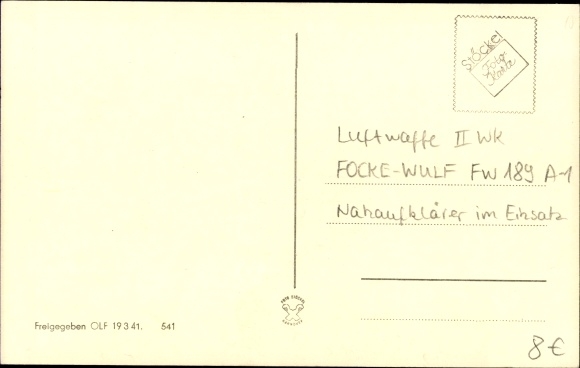 Postcard Focke Wulf, Fw 189 A-1, the latest close reconnaissance aircraft of the German Luftwaffe