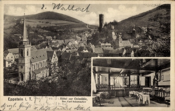 Postcard Eppstein im Taunus, city view, church, Hotel zur Oelmühle, restaurant hall