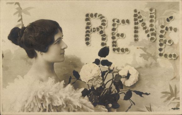 Letters Postcard First name Rene, woman with bouquet of flowers