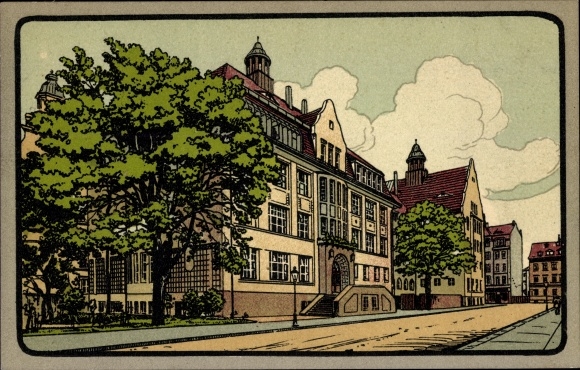 Lithography Postcard Chemnitz in Saxony, new technical and advanced training school