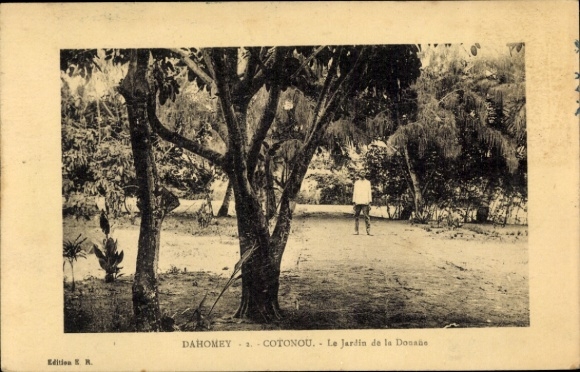 Ak Cotonou Dahomey Benin, Baum, Spaziergang, Garten, Landschaft, Person