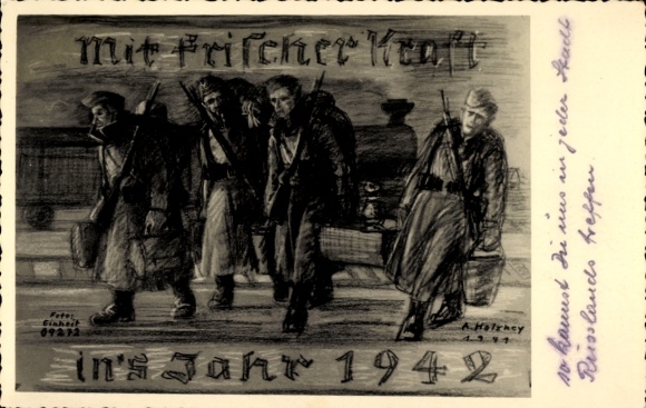 Künstler Ak Mit frischer Kraft ins Jahr 1942, Wehrmachtssoldaten an der Ostfront, Russland, 1941