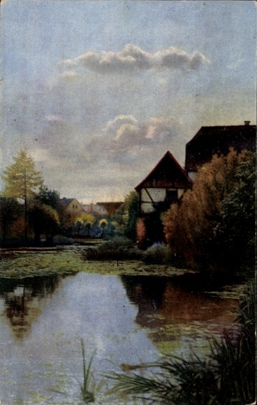 Postcard Photochromie Nenke and Ostermaier 253 4019, village pond in Bärnsdorf near Dresden, autumn