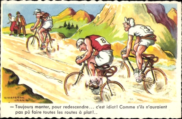 Artist Postcard Chaperon, Jean, cycling race, cyclists ride up the mountain