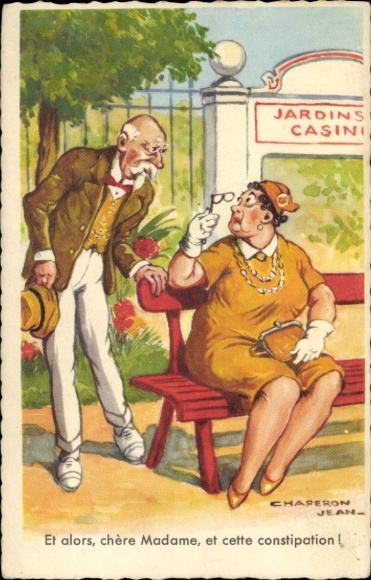 Artist Postcard Chaperon, J., Conversation between two elderly people, woman with glasses, bench