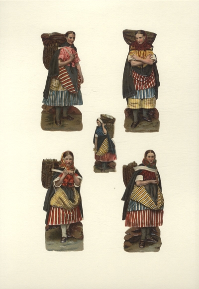 5 opłatków Młode kobiety w strojach chłopskich z koszykami na plecach, ok. 10 x 4 cm i 6 x 2,5 cm