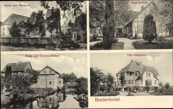 Postcard Beedenbostel, church, vicarage, Haus Ammon, Villa Kathariene, power station, mill