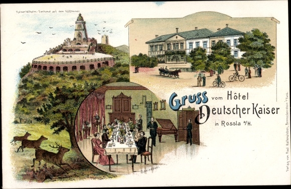 Chromo-Litho Roßla am Harz, Kyffhäuser, Hotel Deutscher Kaiser, Kaiser Wilhelm Monument