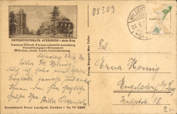 Postcard Auersberg in the Ore Mountains with Wildenthal, partial view