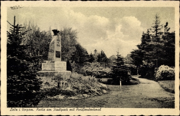 PC Loitz in Mecklenburg Western Pomerania, lot at the city park with a Prussian monument