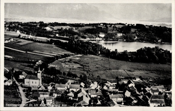 Postcard Seehausen am Staffelsee, aerial photograph, overall view with Sankt Uli