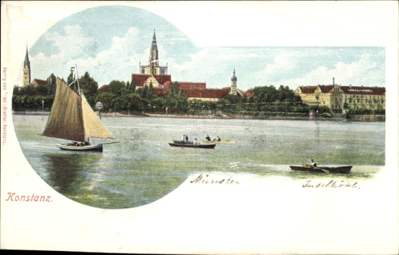 Ak Konstanz am Bodensee, Blick auf  Boote auf dem Wasser, Kirche, Stadtansicht
