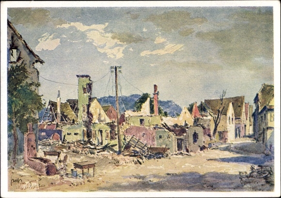 Kunstenaar ansichtkaart Graf, Karl, Schweigen Rechtenbach, ruïnes na de verwoesting in 1940, KDF