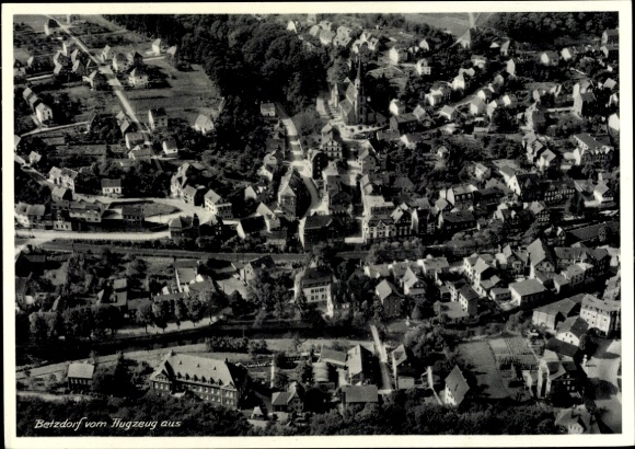 Postcard Betzdorf an der Sieg, aerial view of houses, streets, landscape, black and white