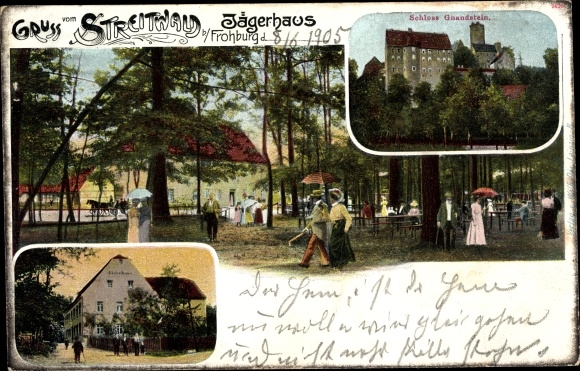 Postcard Gnandstein Kohren Sahlis in Saxony, castle, Jägerhaus Streitwald, guests in the garden