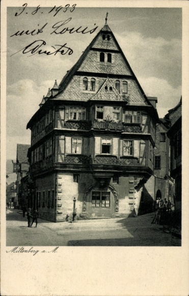 Postcard Miltenberg in Lower Franconia Bavaria, Gasthof zum Riesen, oldest guesthouse, half-timbered building
