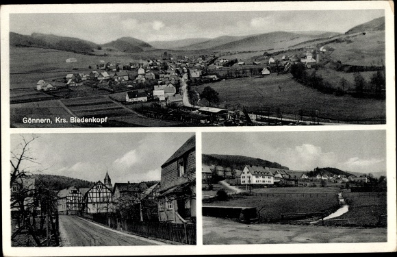 Postcard patrons Angelburg in Hesse, panorama, partial views, half-timbered house