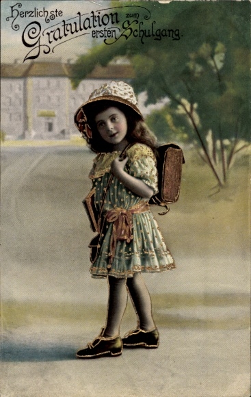 Postcard Congratulations School Enrollment, Girl, Student, Schoolbag