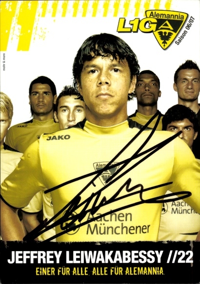 Handtekeningkaart voetballer Jeffrey Leiwakabessy, Alemannia Aachen, handtekening