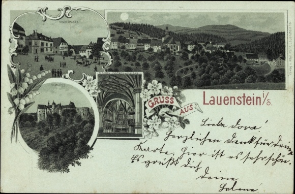 Moonlight litho Lauenstein Altenberg in the Ore Mountains, castle, market square