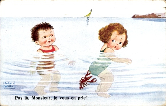 Artist Postcard Wills, John, Bathing Children, Lobster