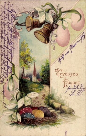 Emboss litho congratulations Easter, bells, Easter eggs, snowdrops