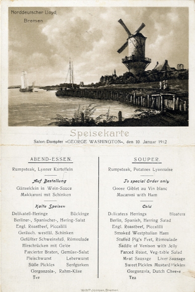 Menu card, steamer George Washington, January 10, 1912, dinner