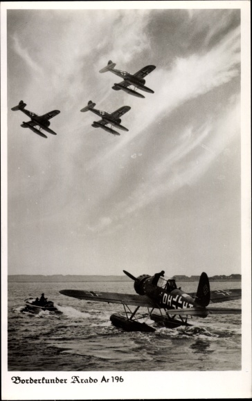 Postcard Borderkunden Arado Ar 196, seaplane, military aircraft in flight formation, Luftwaffe