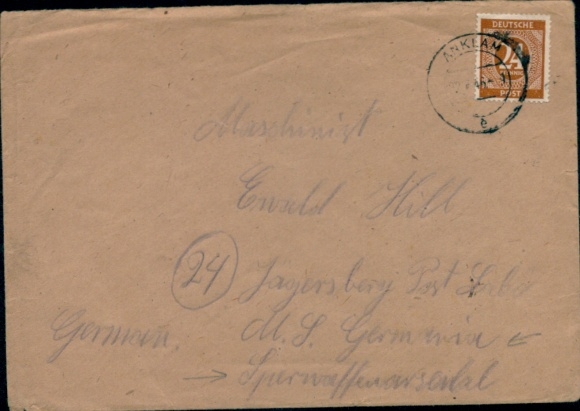 List Anklam 1946, znaczek Deutsche Post 24 Pfennig, do MS Germania, Sperrwaffenarsenal