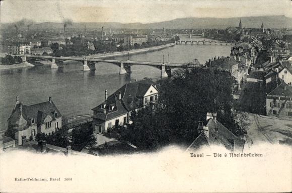 KP Basel City Szwajcaria, panoramiczny widok na mosty nad Renem, widok na miasto