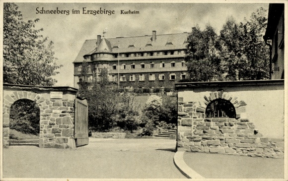 Postcard Schneeberg in the Ore Mountains, spa, historic building, gate, trees, landscape