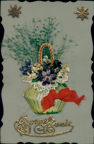 Celluloid PC Happy New Year, flowers, fabric bow