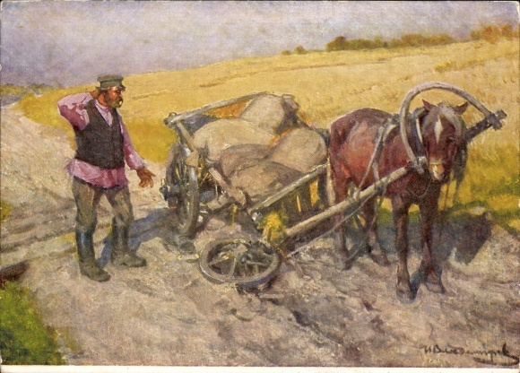 Artist Postcard Damaged Wagon, Horse, Farmer